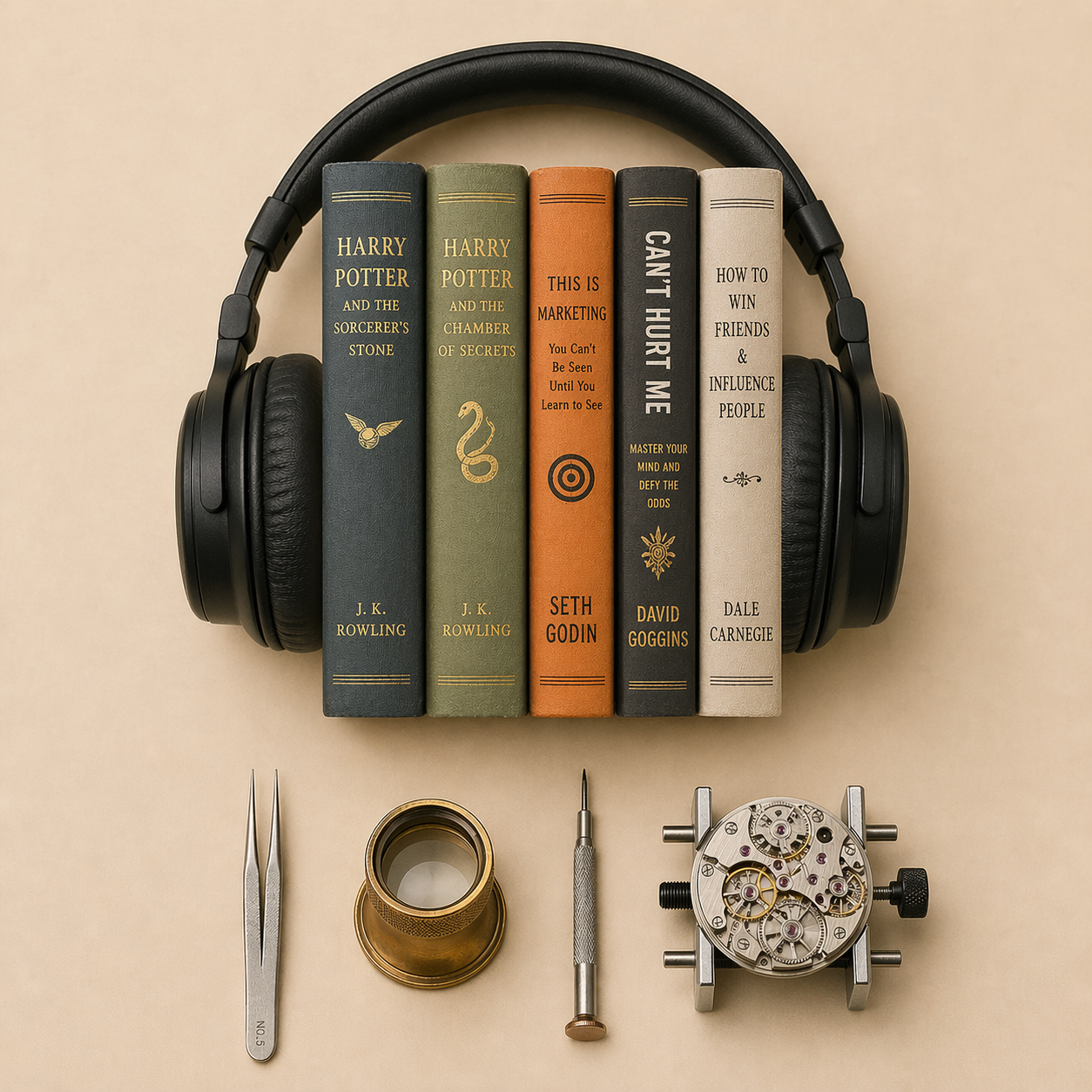 books-headphones-watch-benchtools
